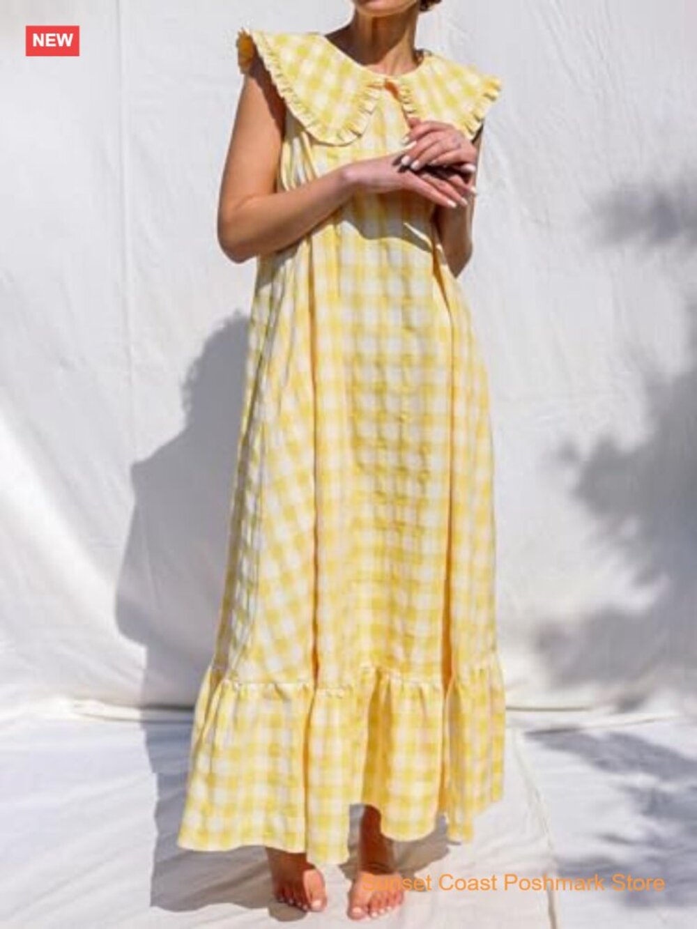 Sleeveless Plaid Maxi Dress with Pockets Ruffle A-Line Beach Sundress - Picture 6 of 7